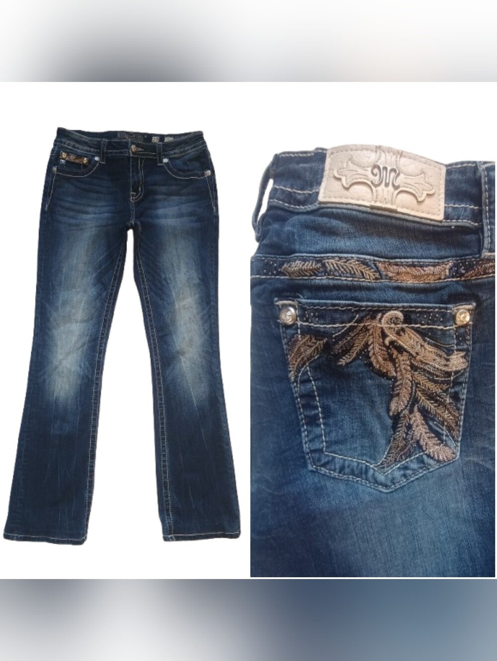 Miss Me Slim Bootcut Jeans Beaded and Embroidered Feathers Size: 29